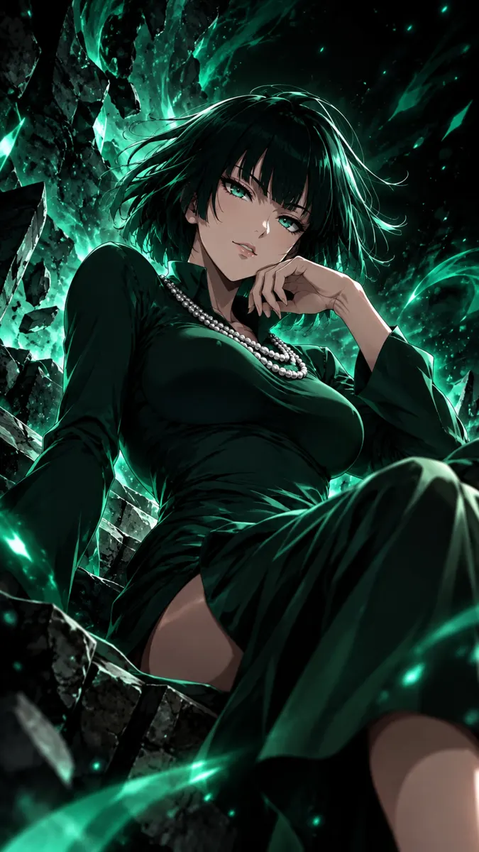 Fubuki com cabelo escuro curto vestindo um vestido verde e colar de pérolas, sentada em meio a energia azul-petróleo brilhante e fragmentos de rocha flutuantes.
