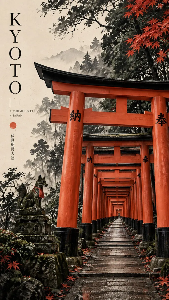 Fushimi Inari Tapınağı'nda, ön planda taş bir tilki heykeli ve kırmızı akçaağaç yaprakları ile canlı kırmızı torii kapılarından oluşan uzun bir yol.