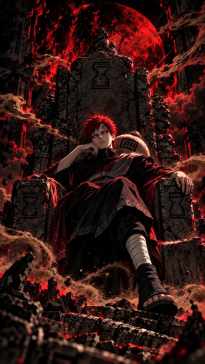 Gaara with red hair and dark clothing sitting on a stone throne with a large red moon behind him