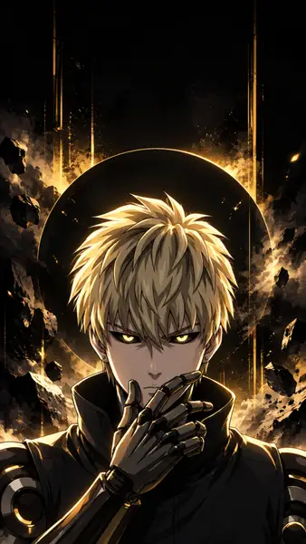 One Punch Man의 제노스, 뾰족한 금발 머리, 빛나는 노란 눈, 기계 손, 파편이 가득한 어두운 환경.