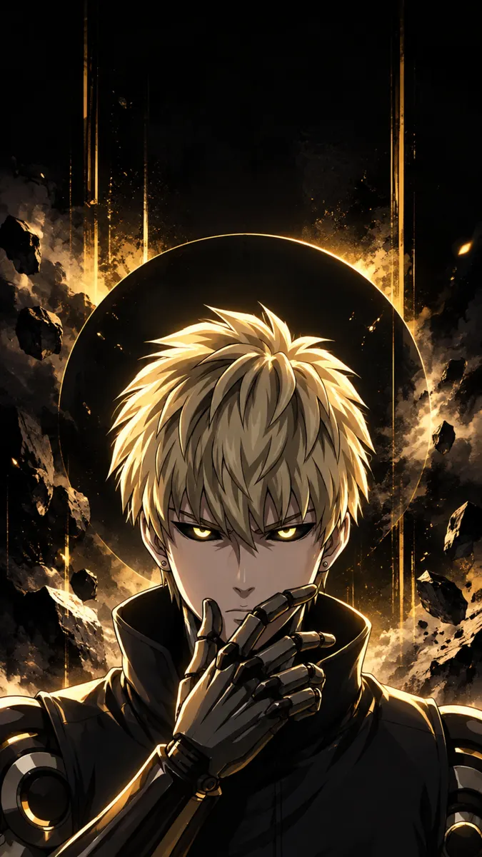 Genos de One Punch Man avec des cheveux blonds en pics, des yeux jaunes brillants et des mains mécaniques dans un environnement sombre rempli de débris.