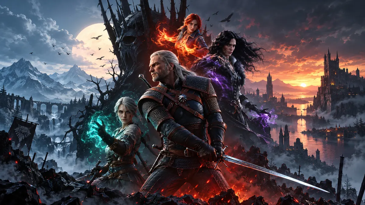 Geralt de Riv tenant une épée aux côtés de Ciri et Yennefer avec un château sombre et un coucher de soleil en arrière-plan.