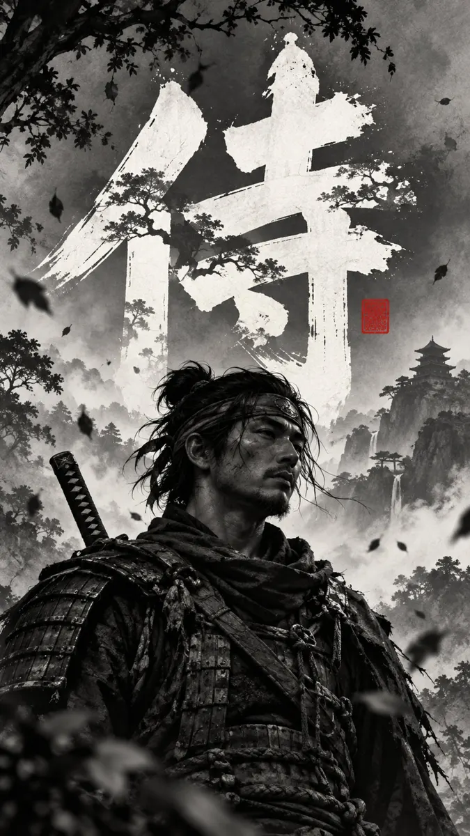 A samurai with a topknot and traditional armor stands against a background of misty mountains and a large Japanese kanji symbol.