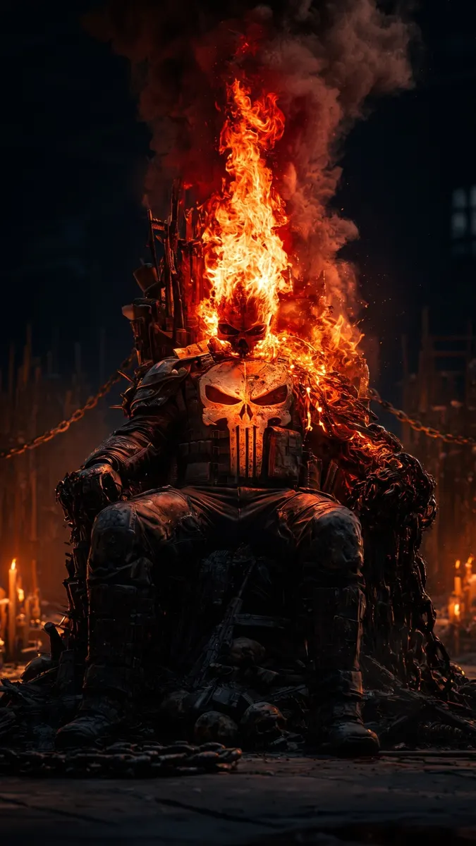 Ghost Rider Punisher dengan kepala tengkorak menyala duduk di takhta gelap dengan rantai dan logo tengkorak putih di baju besinya.