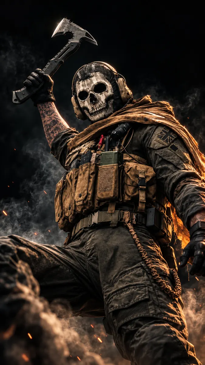 Ghost dari Call of Duty mengenakan topeng tengkorak dan perlengkapan taktis sambil mengangkat kapak hitam ke udara