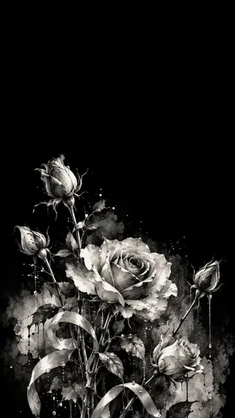 Une illustration en noir et blanc de plusieurs roses avec des éclaboussures d'aquarelle et des rubans sur un fond noir uni.