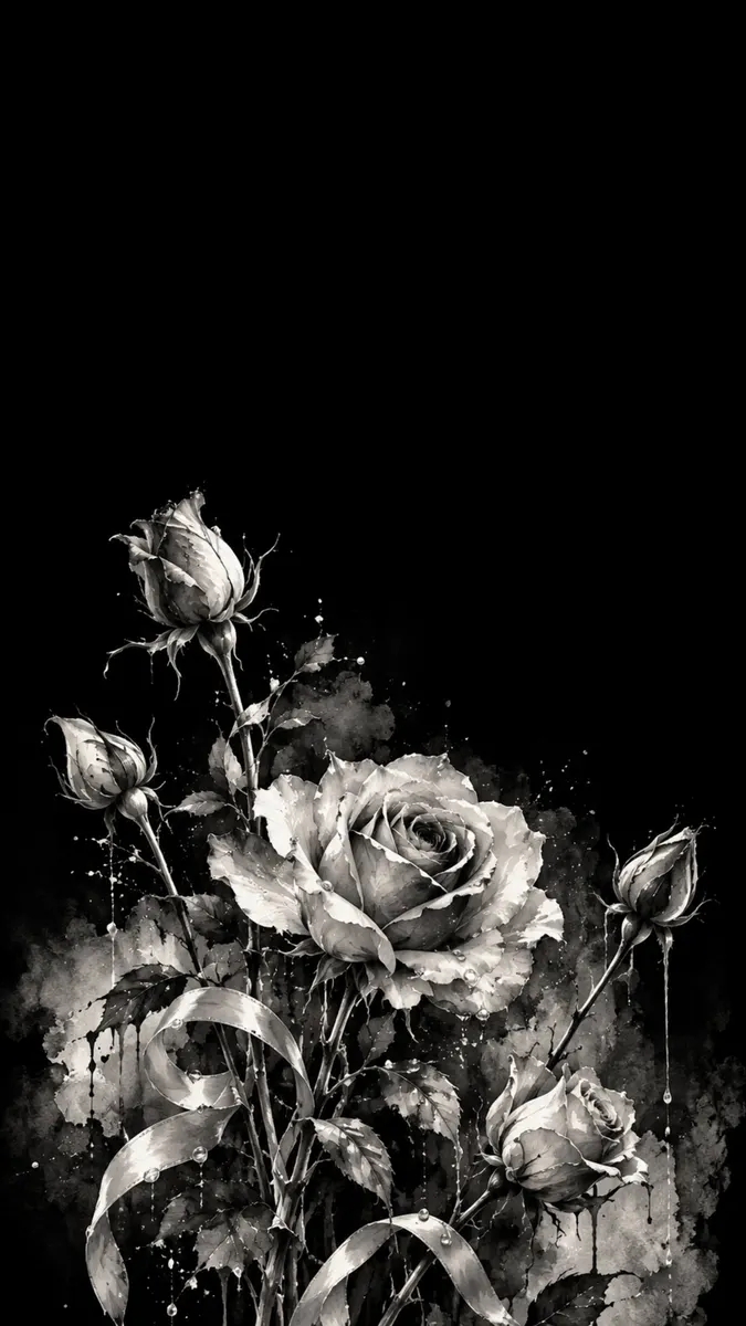 Un'illustrazione in bianco e nero di diverse rose con schizzi di acquerello e nastri su uno sfondo nero solido.