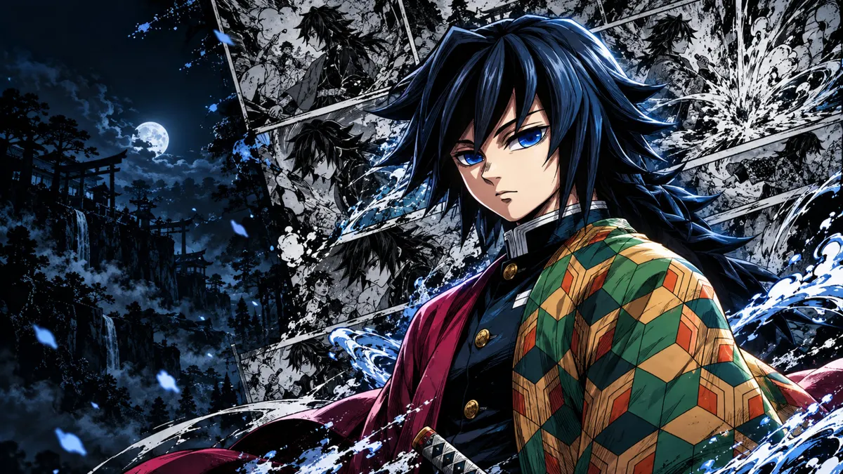 Giyu Tomioka con capelli scuri e occhi blu che indossa un haori con motivo verde, giallo e rosso con effetti d'acqua.
