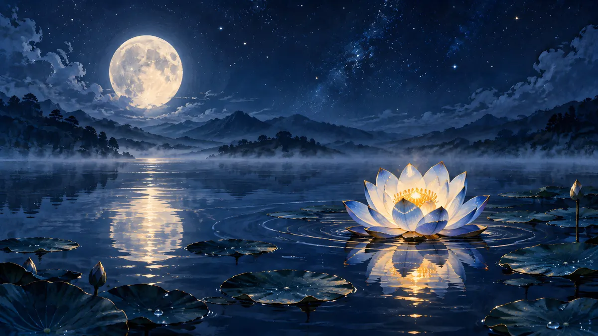 Una flor de loto azul y blanca luminosa flotando en un lago oscuro y tranquilo que refleja la luna llena brillante por la noche.