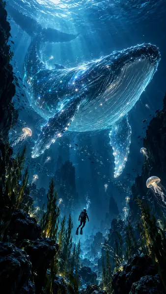 Glowing Starry Whale Underwater Diver Wallpaper
