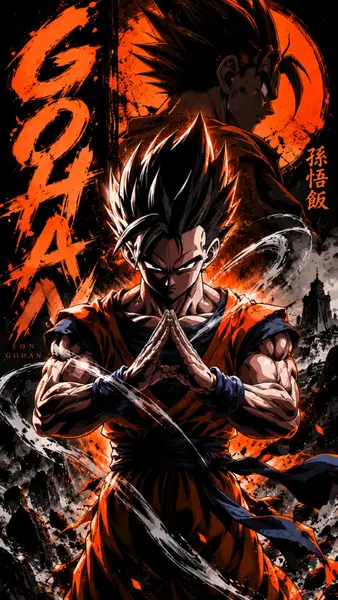 Gohan mit stacheligen schwarzen Haaren in einem orangefarbenen Gi, der mit zusammengelegten Händen vor einem dunklen Hintergrund mit rotem Text steht.