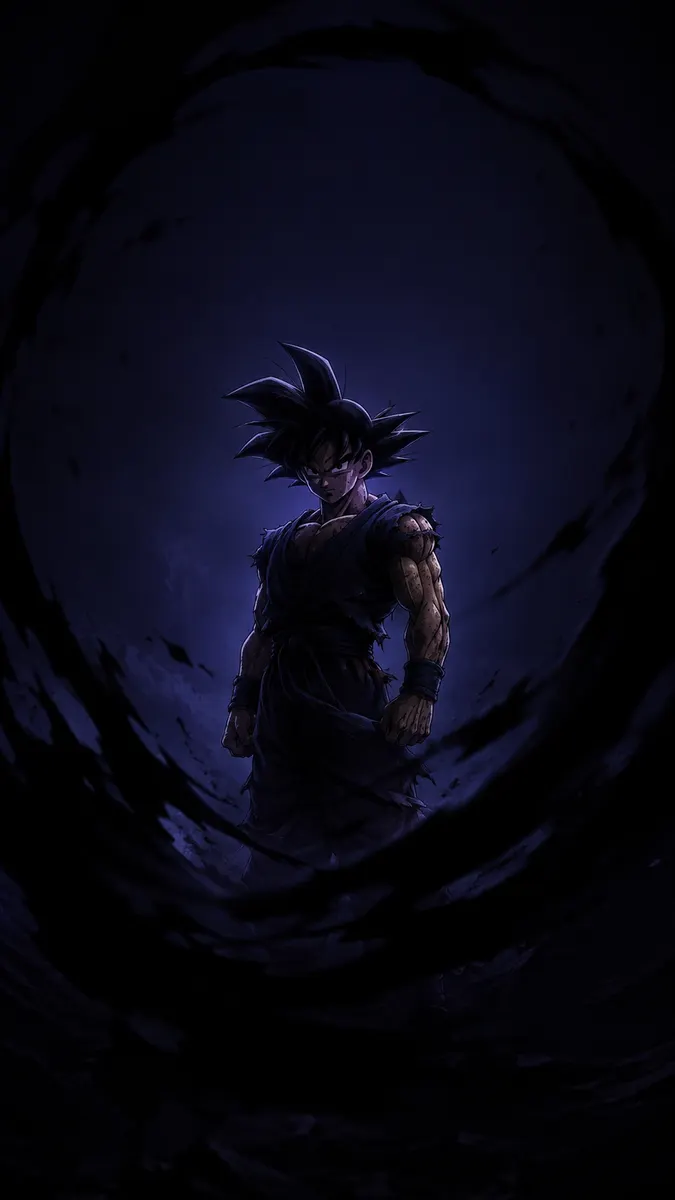 Goku dengan rambut hitam runcing dan gi gelap yang robek berdiri dalam aura ungu yang suram