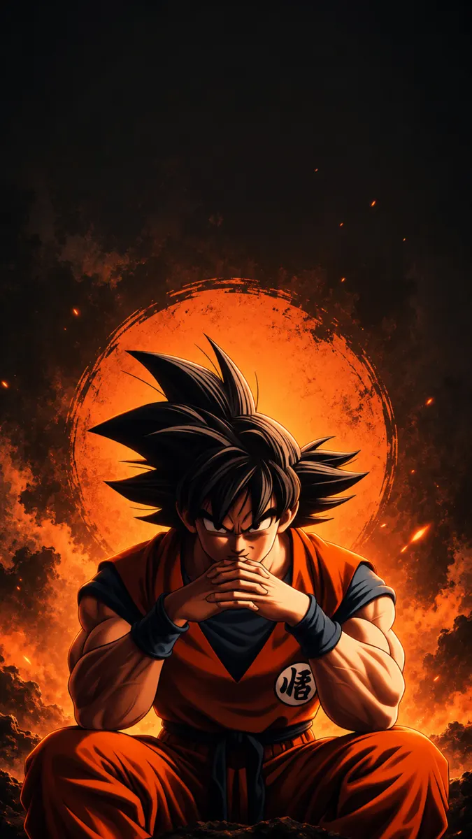 Goku duduk dengan tangan terkatup di depan wajahnya, mengenakan gi oranye dengan simbol kanji, dengan latar belakang matahari oranye besar yang bersinar.