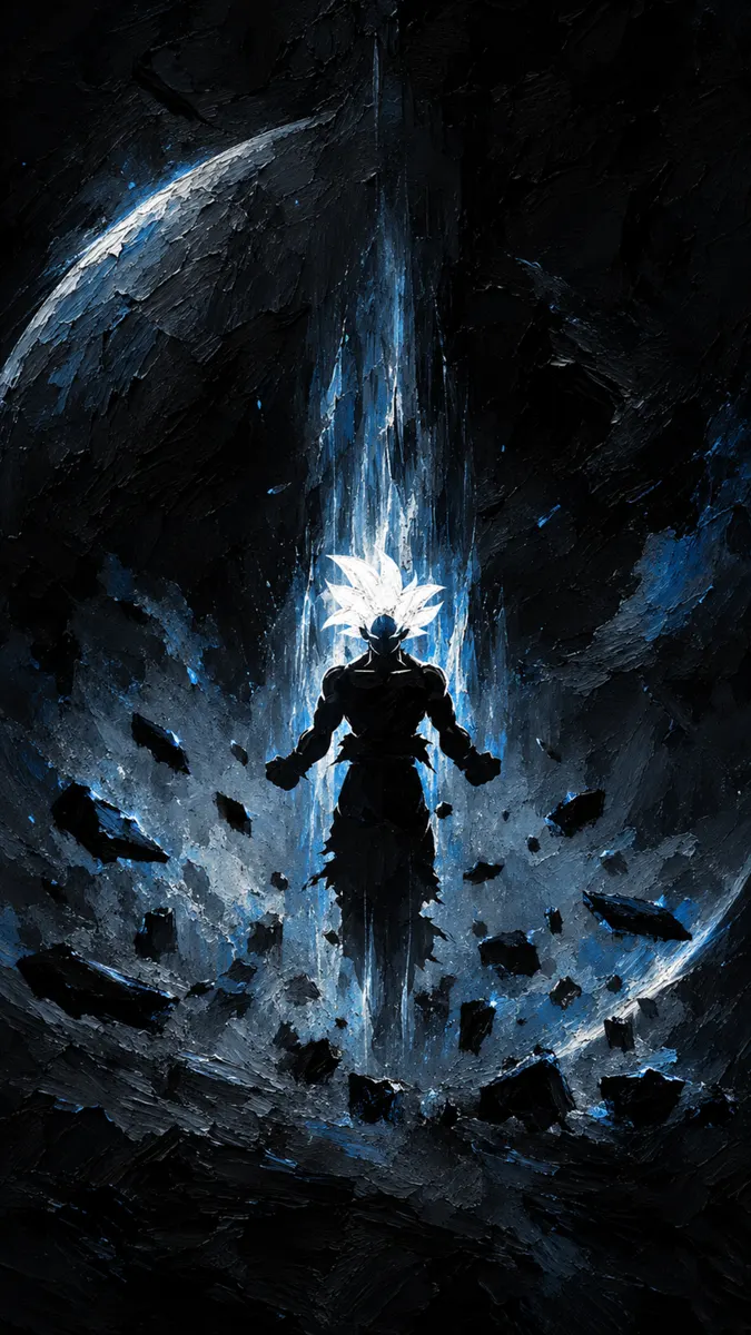 Silueta de Goku contra un rayo de energía vertical azul brillante con rocas flotantes en un fondo oscuro texturizado
