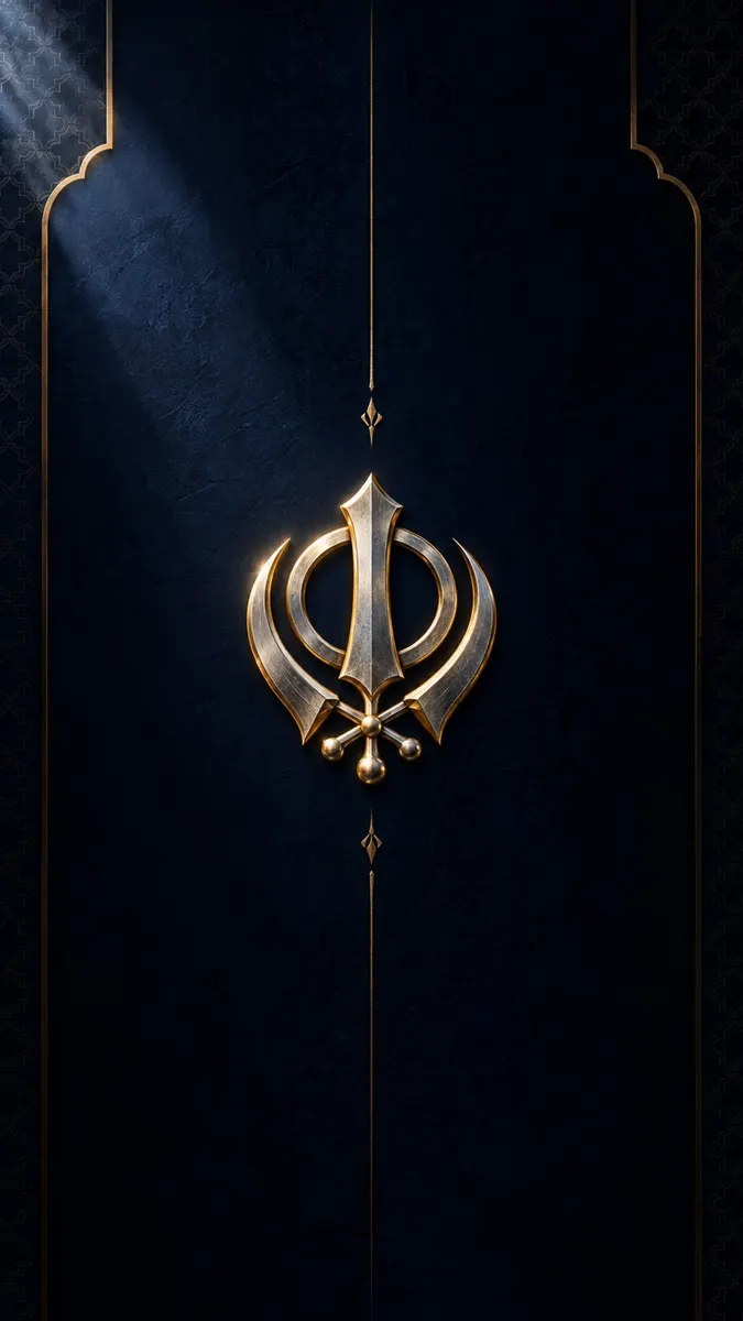 Simbol Khanda emas metalik yang berpusat pada latar belakang biru tua dengan sumber cahaya lembut dari sudut kiri atas.