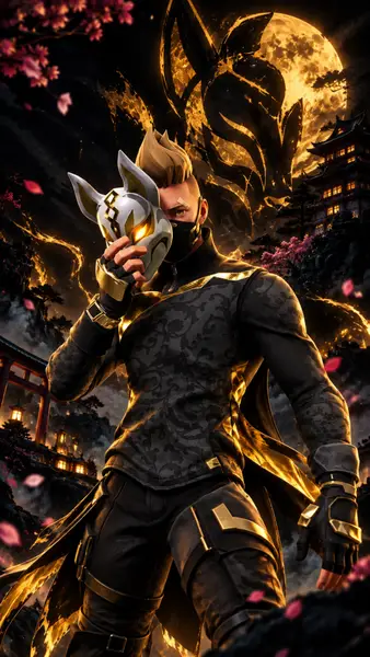 Golden Kitsune Warrior Under The Moon