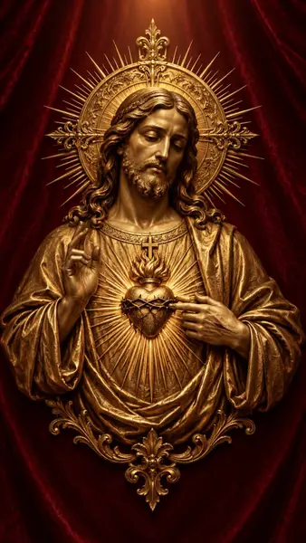 Patung emas Yesus Kristus yang menunjukkan Hati Kudus-Nya dengan lingkaran cahaya bersinar dengan latar belakang tirai merah tua.