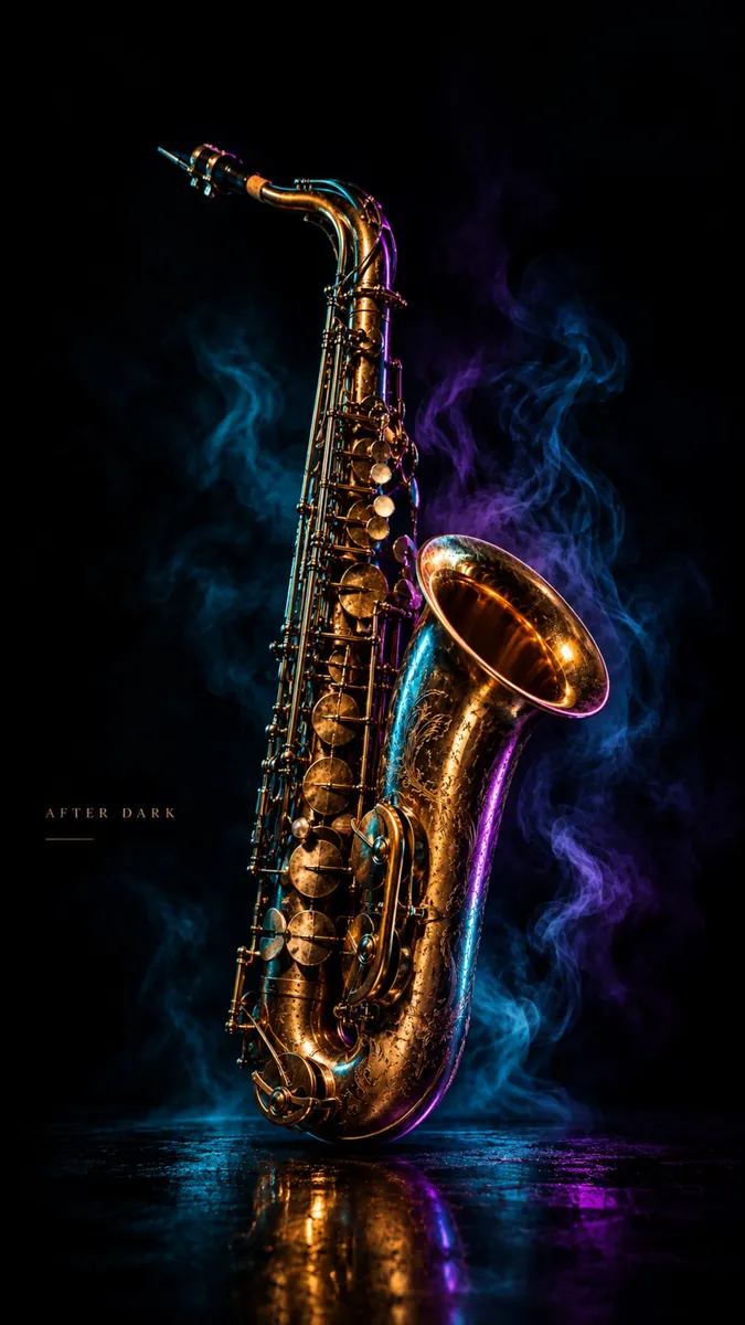 Sebuah saxophone kuningan mengkilap berdiri tegak di atas permukaan reflektif, dikelilingi oleh gumpalan asap biru dan ungu di ruangan gelap.