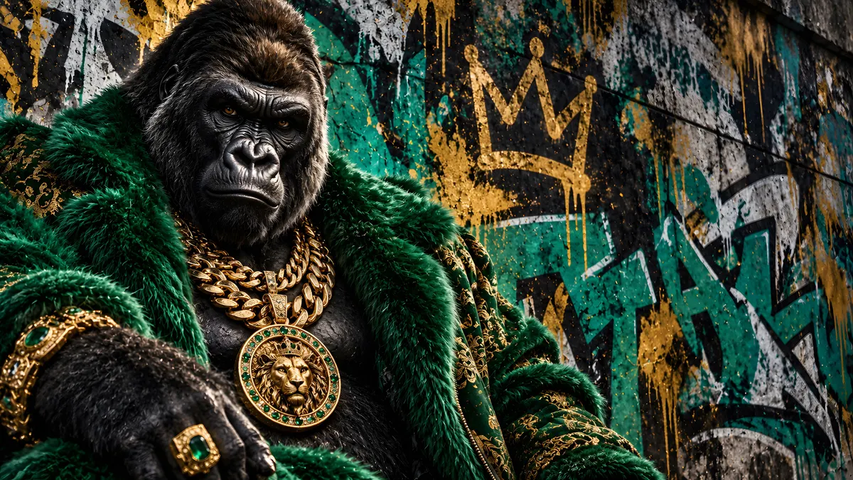 Um gorila vestindo um casaco de pele verde, correntes de ouro e um grande pingente de leão sentado em frente a uma parede de grafite.