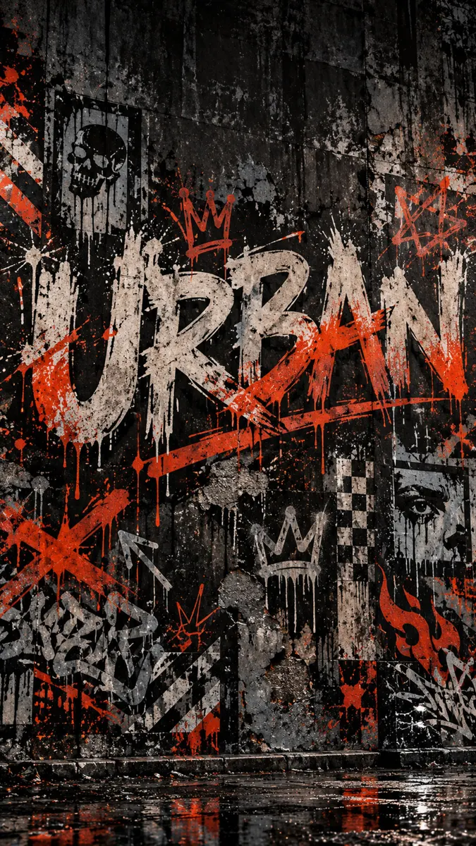 Graffiti art on a dark textured wall with the word URBAN in white and red paint, including a skull icon and an eye.