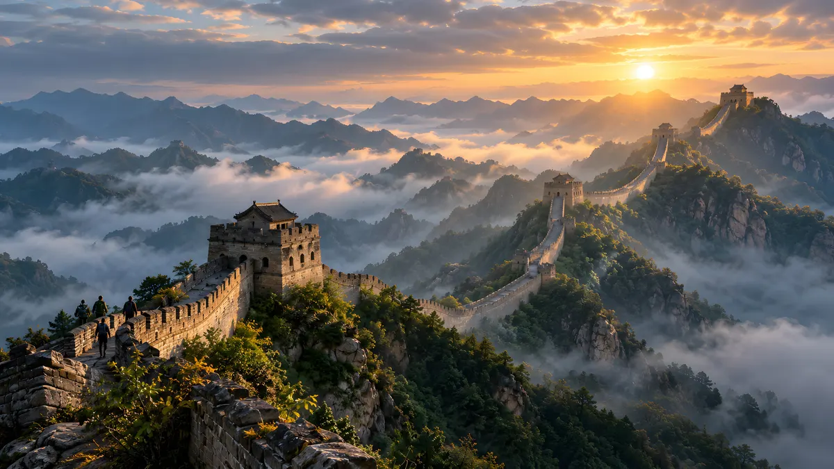 De Chinese Muur slingert zich bij zonsondergang over mistige bergkammen met stenen wachttorens en mensen die over het pad lopen.
