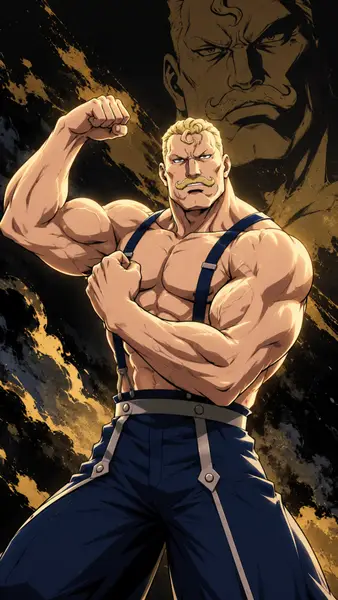 Greed dari Fullmetal Alchemist dengan kumis pirang dan fisik berotot berpose dengan satu lengan terangkat dalam posisi melentur