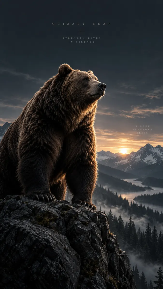 Um urso grizzly pardo em pé em um penhasco rochoso irregular olhando para uma cordilheira durante o pôr do sol com pinheiros abaixo.