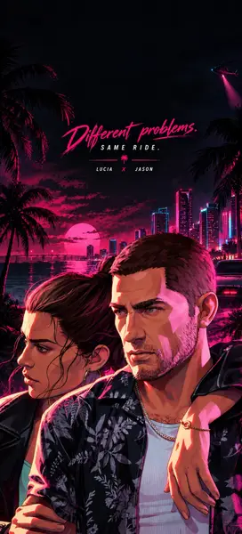 야자수가 있는 네온 핑크빛 노을 도시 스카이라인 앞에 서 있는 GTA 6의 Lucia와 Jason