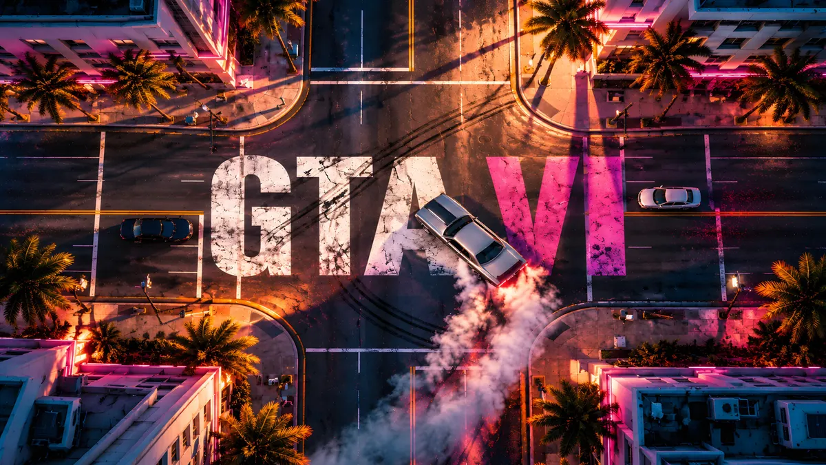 Aerial view of a city street intersection with GTA VI painted on the road and a car drifting with smoke.