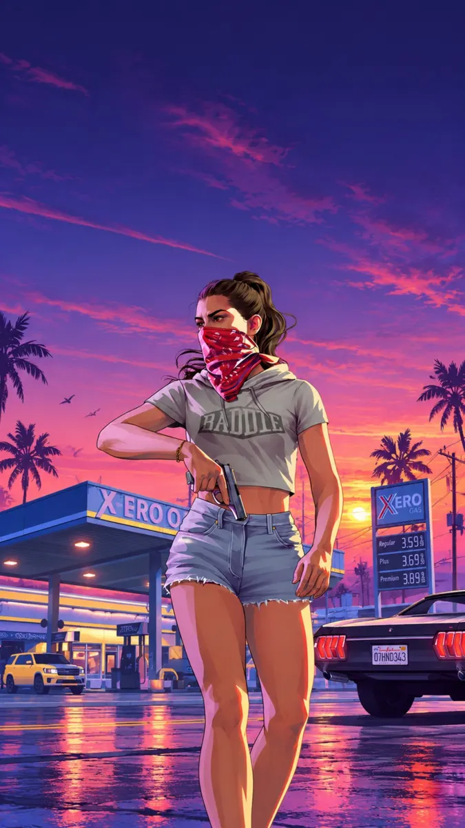 Люсия из GTA 6 стоит на заправке в красной бандане, сером кроп-топе и джинсовых шортах, держа пистолет на закате.