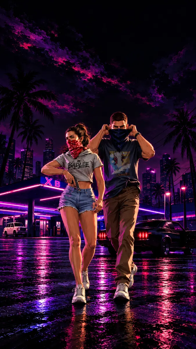 A man and woman walking together in a neon-lit city at night with purple lighting and palm trees.