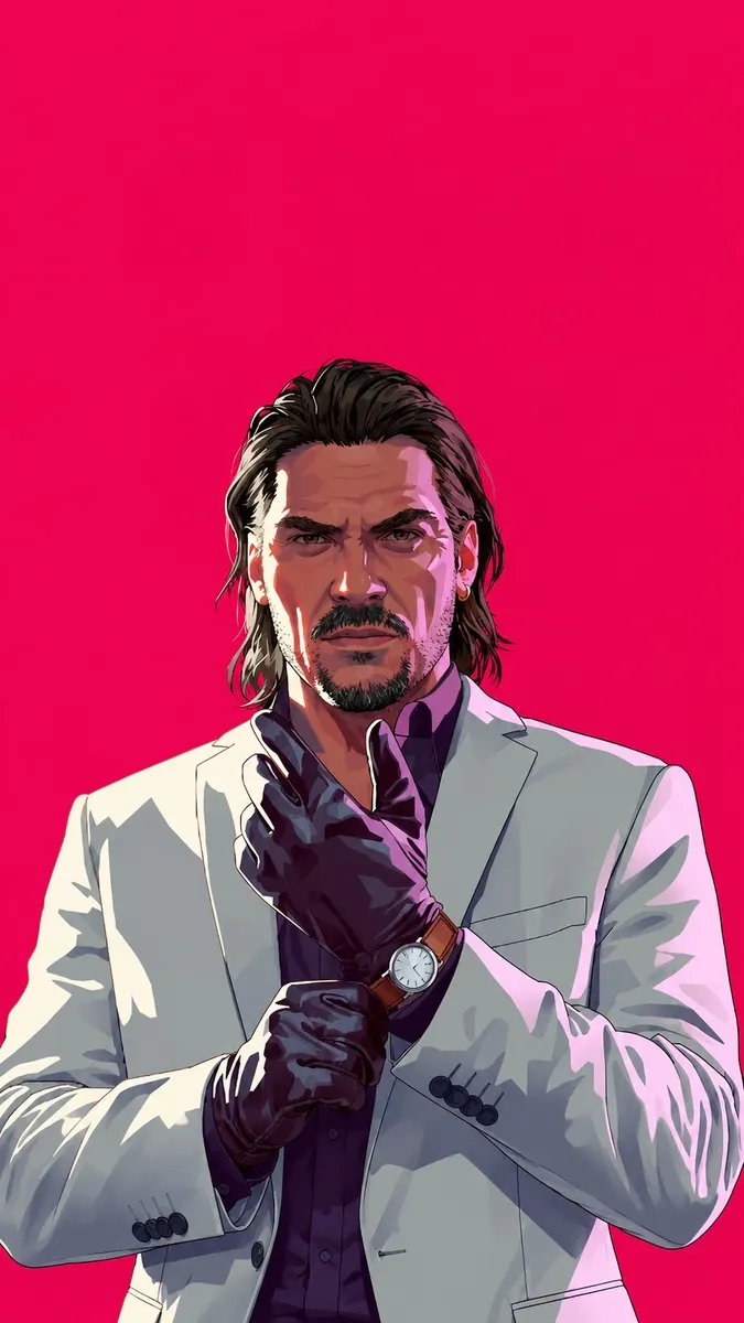 Raul Bautista de GTA 6 con cabello oscuro y barba vistiendo una chaqueta de traje blanca y guantes de cuero negros.