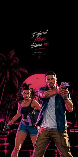 야자수가 있는 네온 핑크 노을 장면에서 총을 들고 함께 서 있는 GTA 6의 Lucia와 Jason.
