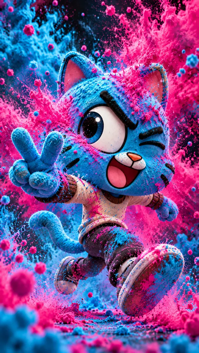 Gumball Watterson el gato azul guiñando un ojo y haciendo el signo de la paz con dos dedos en medio de una explosión de polvo rosa.