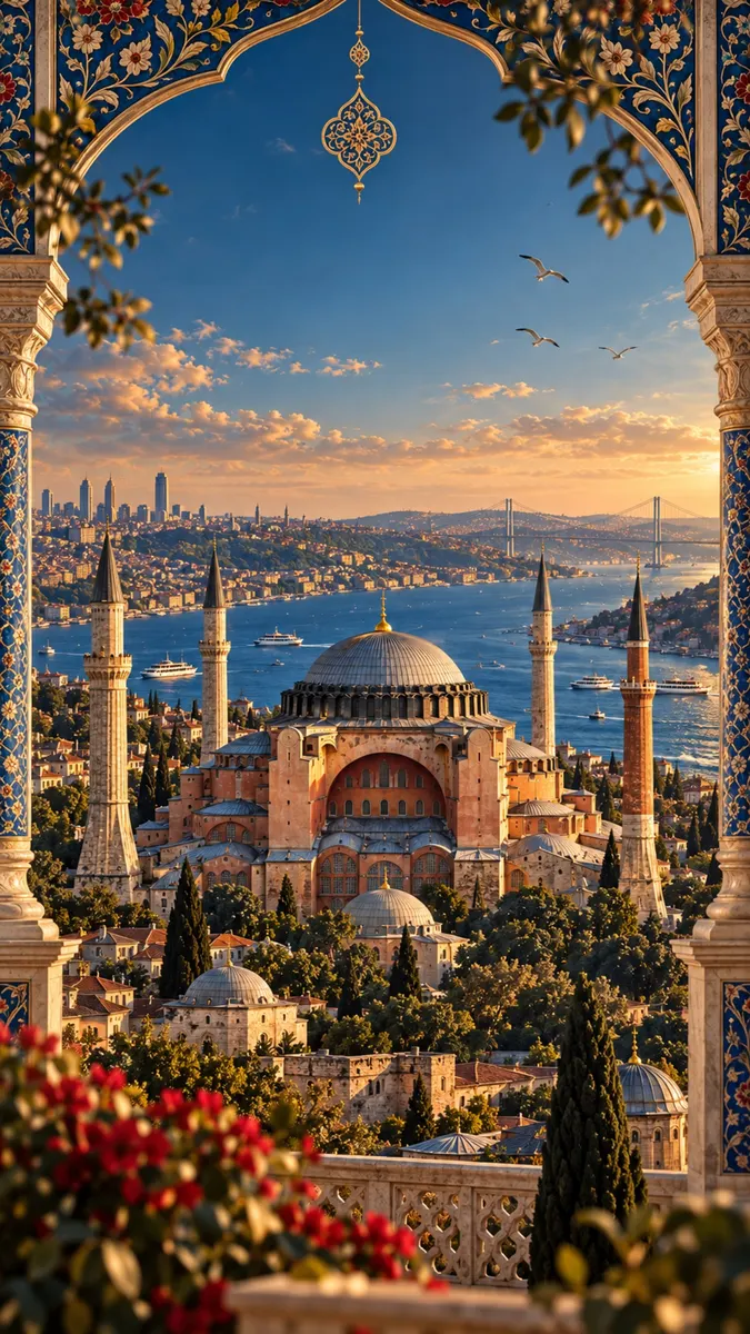 İstanbul'daki Ayasofya Camii'nin gün batımında, ön planda kırmızı çiçeklerin olduğu dekoratif bir taş kemerden görünümü.