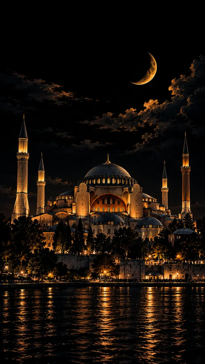 밤에 조명이 켜진 Hagia Sophia 모스크와 하늘의 초승달, 물에 비친 반사.