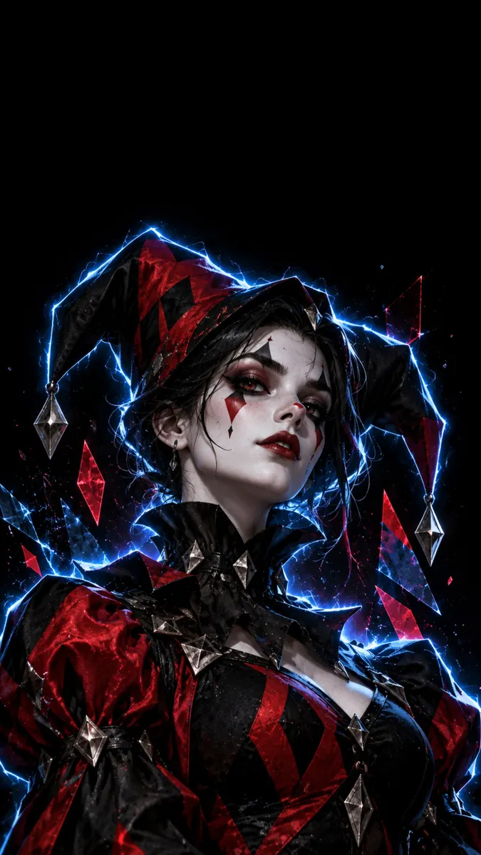 Una mujer vestida de arlequín con ropa y maquillaje rojo y negro, rodeada de energía azul brillante sobre un fondo negro.