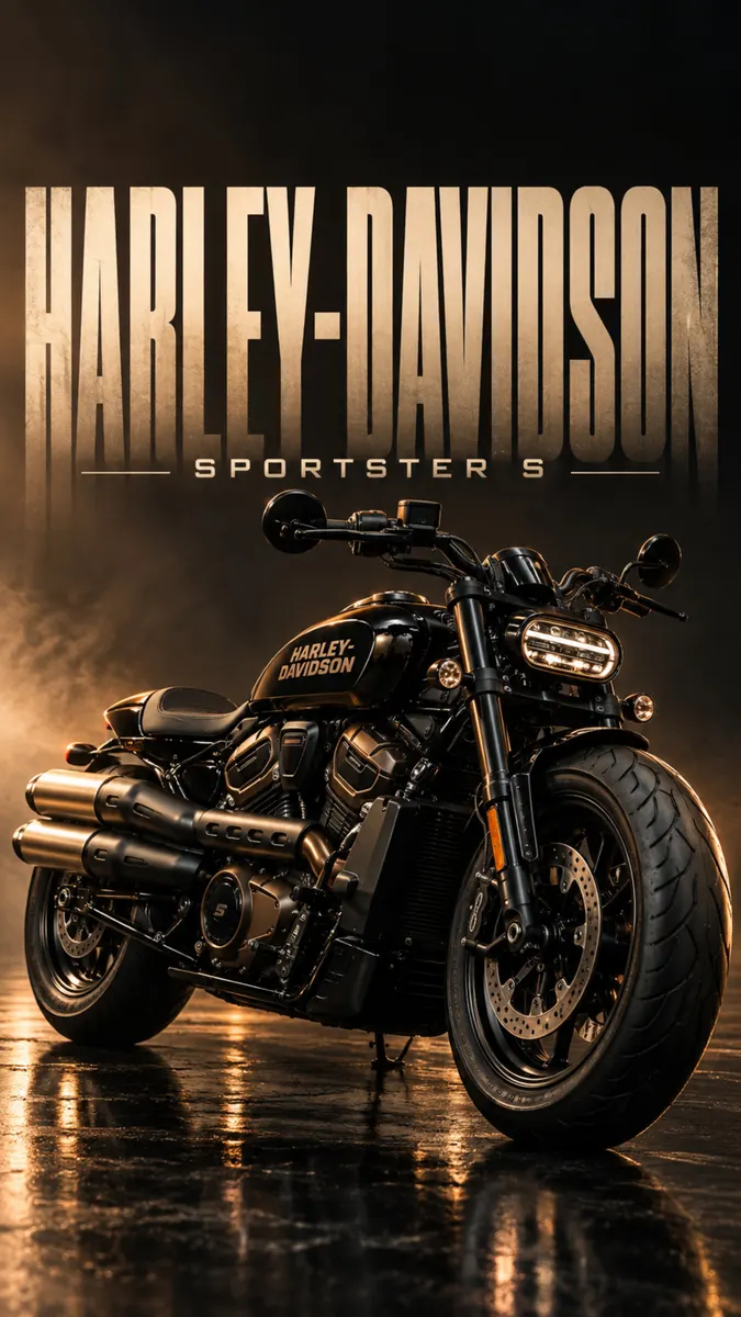 Una motocicleta negra Harley-Davidson Sportster S estacionada en un suelo oscuro con el nombre de la marca en letras grandes encima.