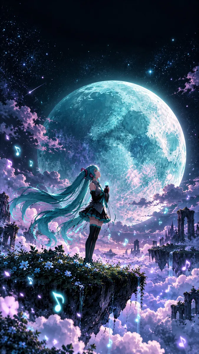 Hatsune Miku mit langem türkisfarbenem Haar steht an einer Klippenkante und blickt zu einem großen leuchtenden Mond auf, um den Musiknoten schweben