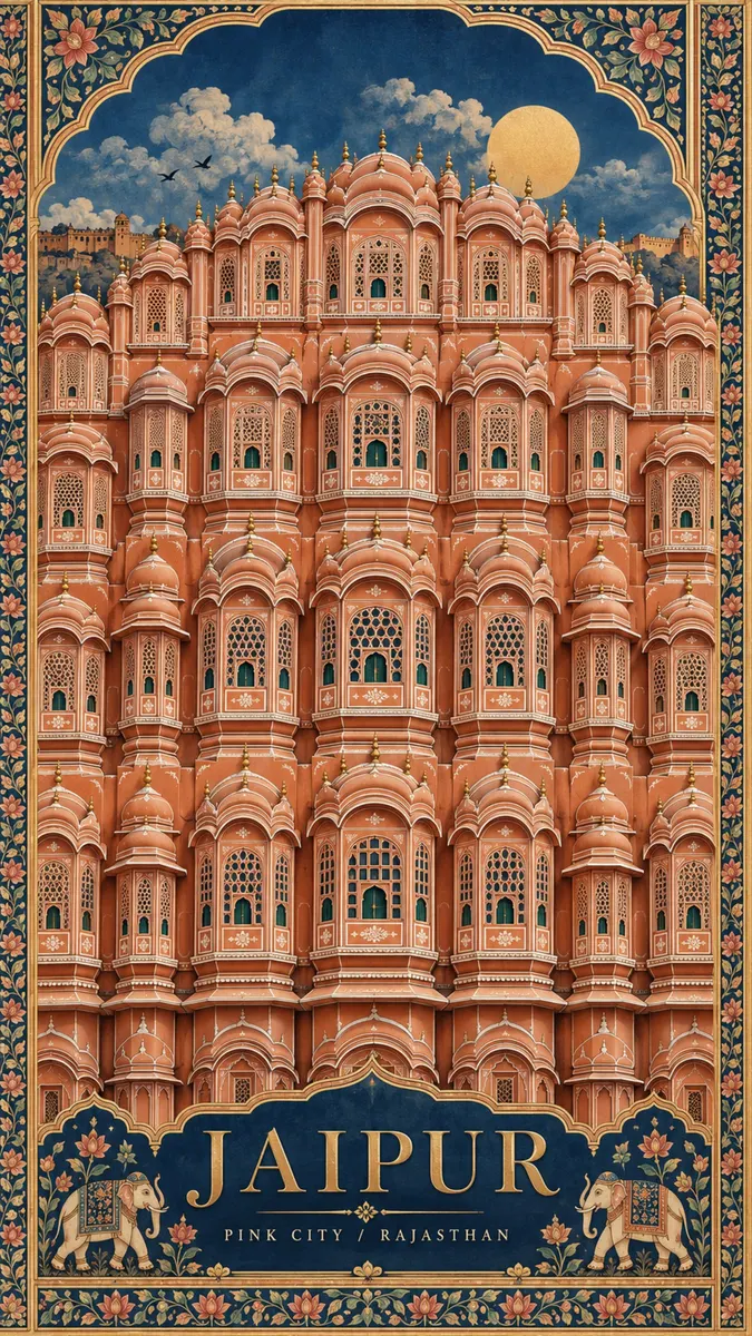 Jaipur'daki Hawa Mahal'in karmaşık pencere oymaları, mavi gökyüzü ve altta dekoratif fil illüstrasyonları ile süslü pembe kumtaşı cephesi.