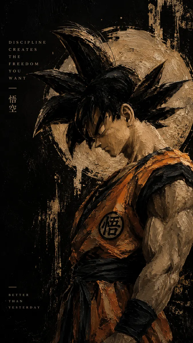 Goku blickt nach unten mit seinen charakteristischen stacheligen schwarzen Haaren und orangefarbenem Gi in einem dunklen, texturierten Kunststil