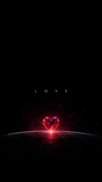 Una forma di cuore rosso brillante che fluttua sopra la superficie di un pianeta oscuro nello spazio con la parola LOVE scritta in testo bianco.