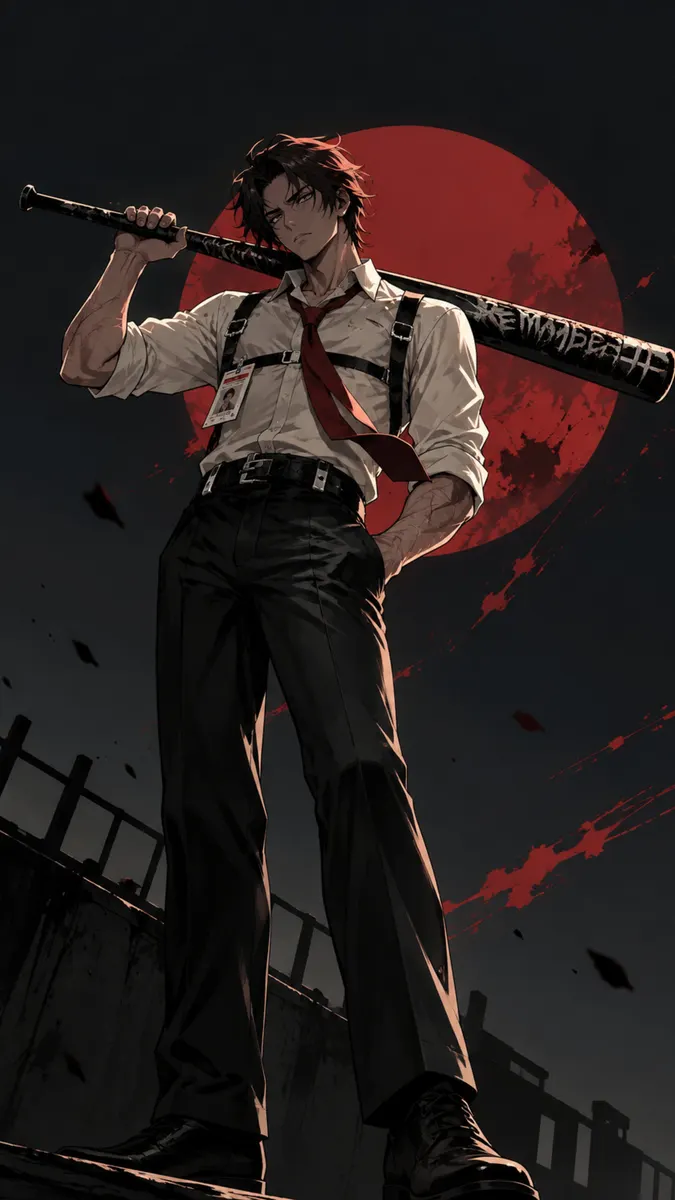Heathcliff de Limbus Company sosteniendo un bate de béisbol sobre su hombro mientras viste una camisa blanca y corbata roja frente a una luna roja.