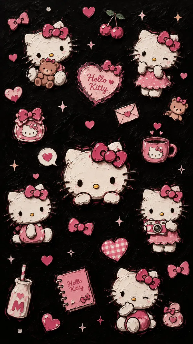 Ilustrasi gaya stiker bertekstur dari Hello Kitty dengan pita, hati, ceri, dan buku catatan yang disusun di atas latar belakang hitam pekat.