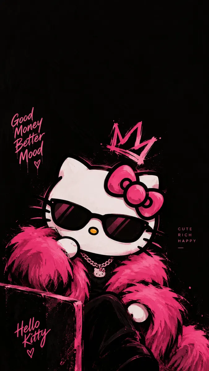 Hello Kitty usando gafas de sol oscuras y un abrigo rosa esponjoso con una corona sobre su cabeza contra un fondo negro.