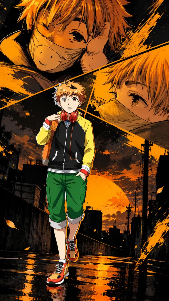 オレンジ色の照明と地面への反射がある夕暮れ時の街の通りを歩くHideyoshi Nagachika。