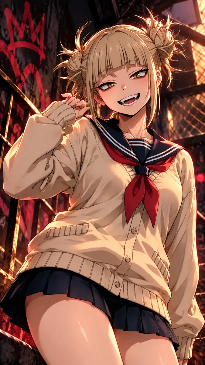 Himiko Toga con cabello rubio en moños, vistiendo un cárdigan beige y uniforme de marinero, sonriendo con dientes afilados frente a un fondo de cerca urbana oscura.