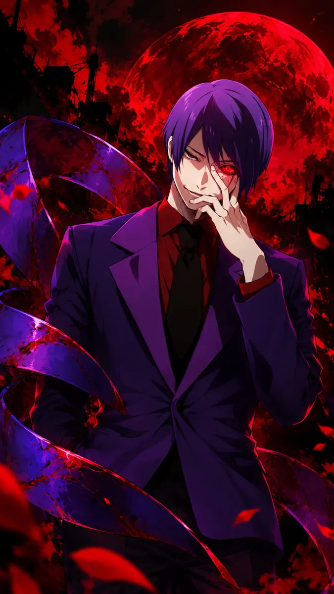 Personaggio anime con capelli viola e un occhio rosso brillante, che indossa un abito e sta in piedi davanti a una luna rossa