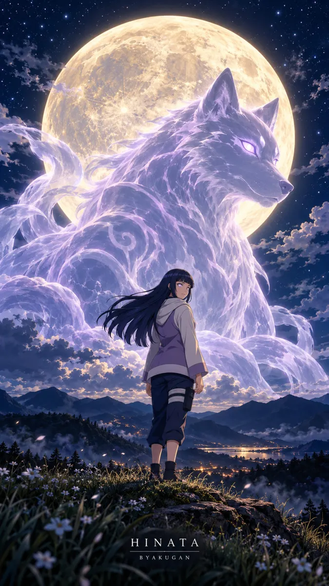 Hinata Hyuga de pie en una colina mirando a un espíritu de zorro espectral gigante silueteado contra una gran luna llena por la noche.