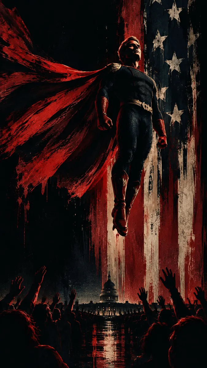 Homelander flotando en el aire sobre una multitud de personas con una gran bandera americana desgastada de fondo.